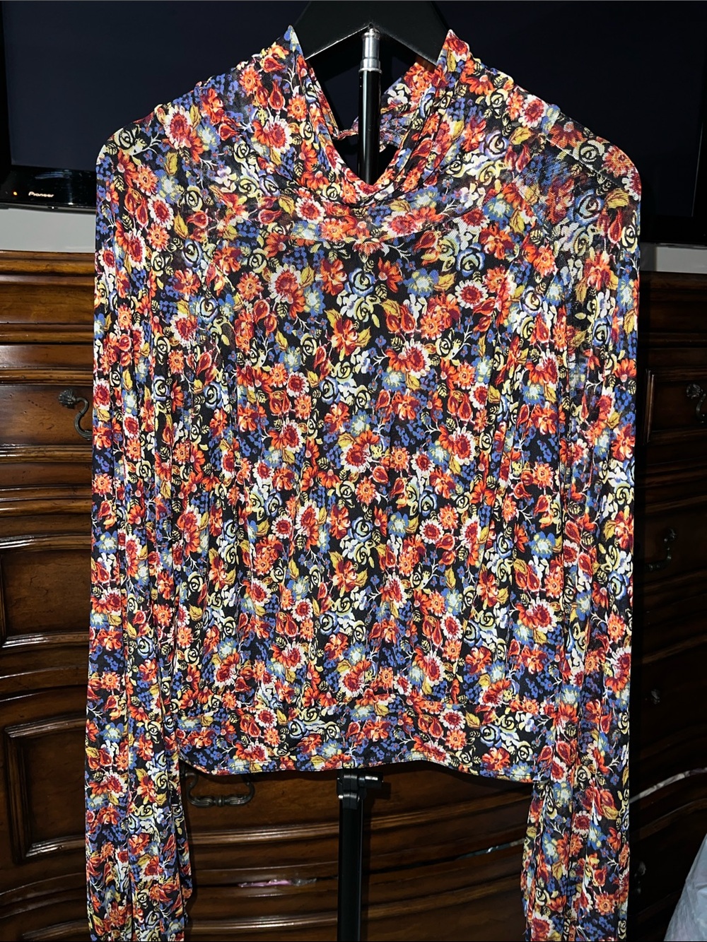 Free People Floral Cowl Neck Long Sleeve Top - Red, Blue, Black